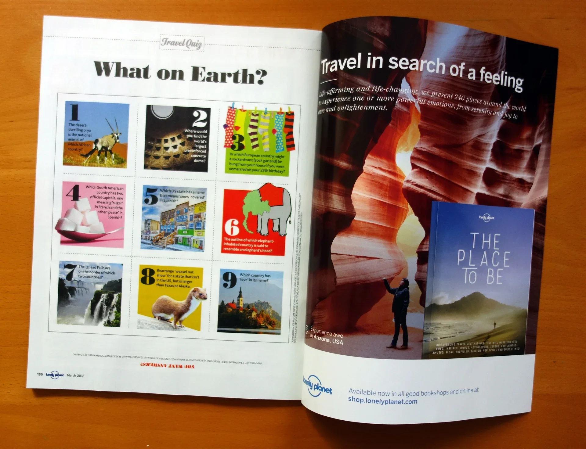 Full double-page editorial spread showcasing the "What on Earth?" travel quiz section.