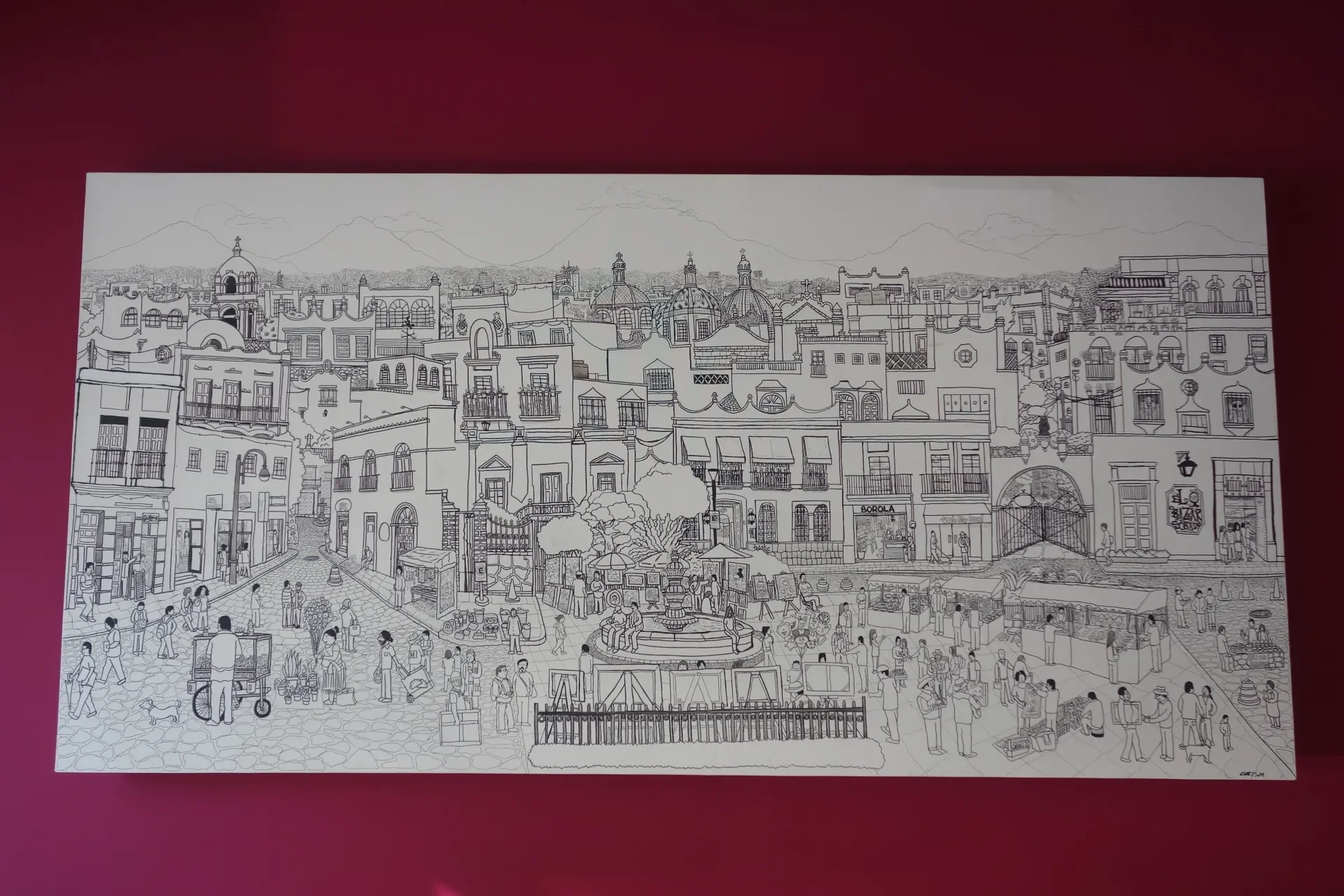 Full frontal view of the custom architectural line-art canvas set against the cafe's feature wall.