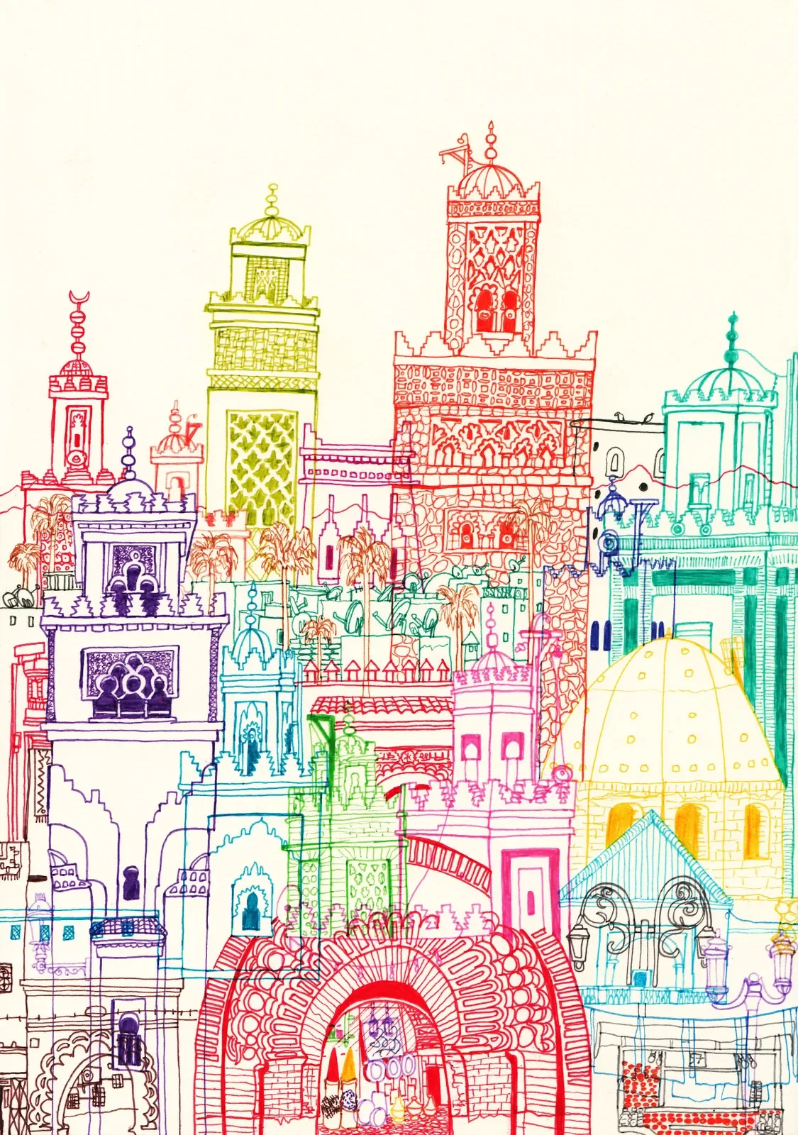 Marrakech Towers — Colourful illustration featuring ornate minarets, archways, and vibrant Moroccan architectural motifs.