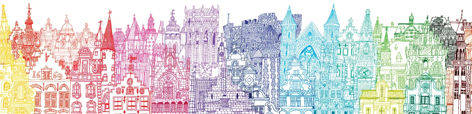 Belgium Towers — Detailed architectural artwork capturing step-gabled guildhalls and historic towers across Antwerp, Bruges, Brussels, and Ghent.