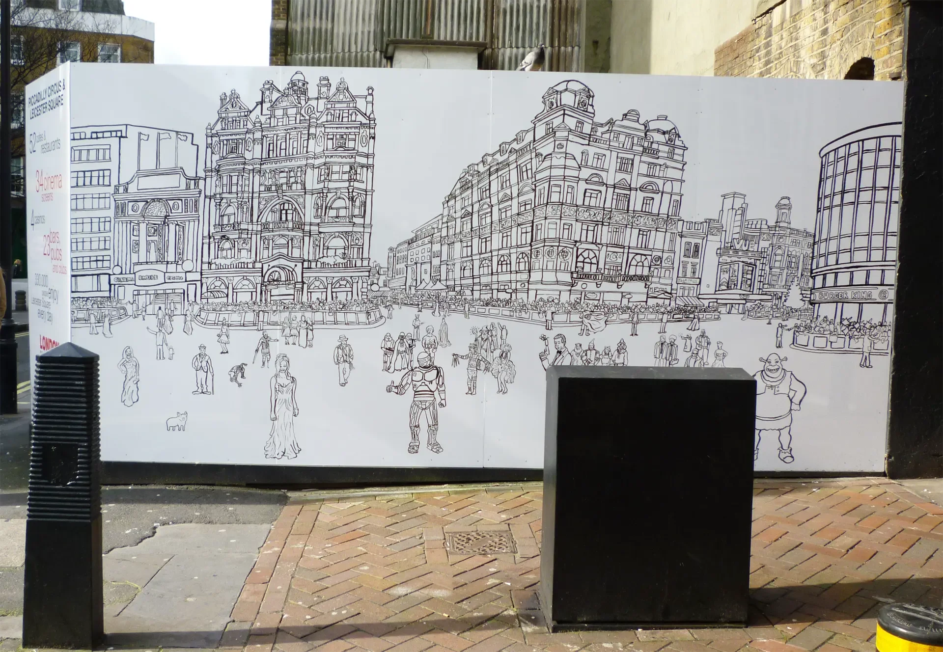 Frontal shot of the printed construction hoarding displaying detailed line drawings of West End architectural facades.