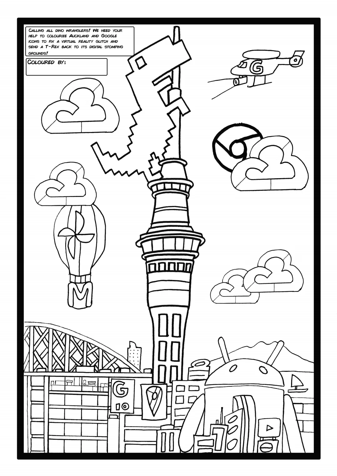 Custom digital coloring page illustration featuring Auckland landmarks, Sky Tower, and Google brand elements for Google NZ Friends & Family Day.