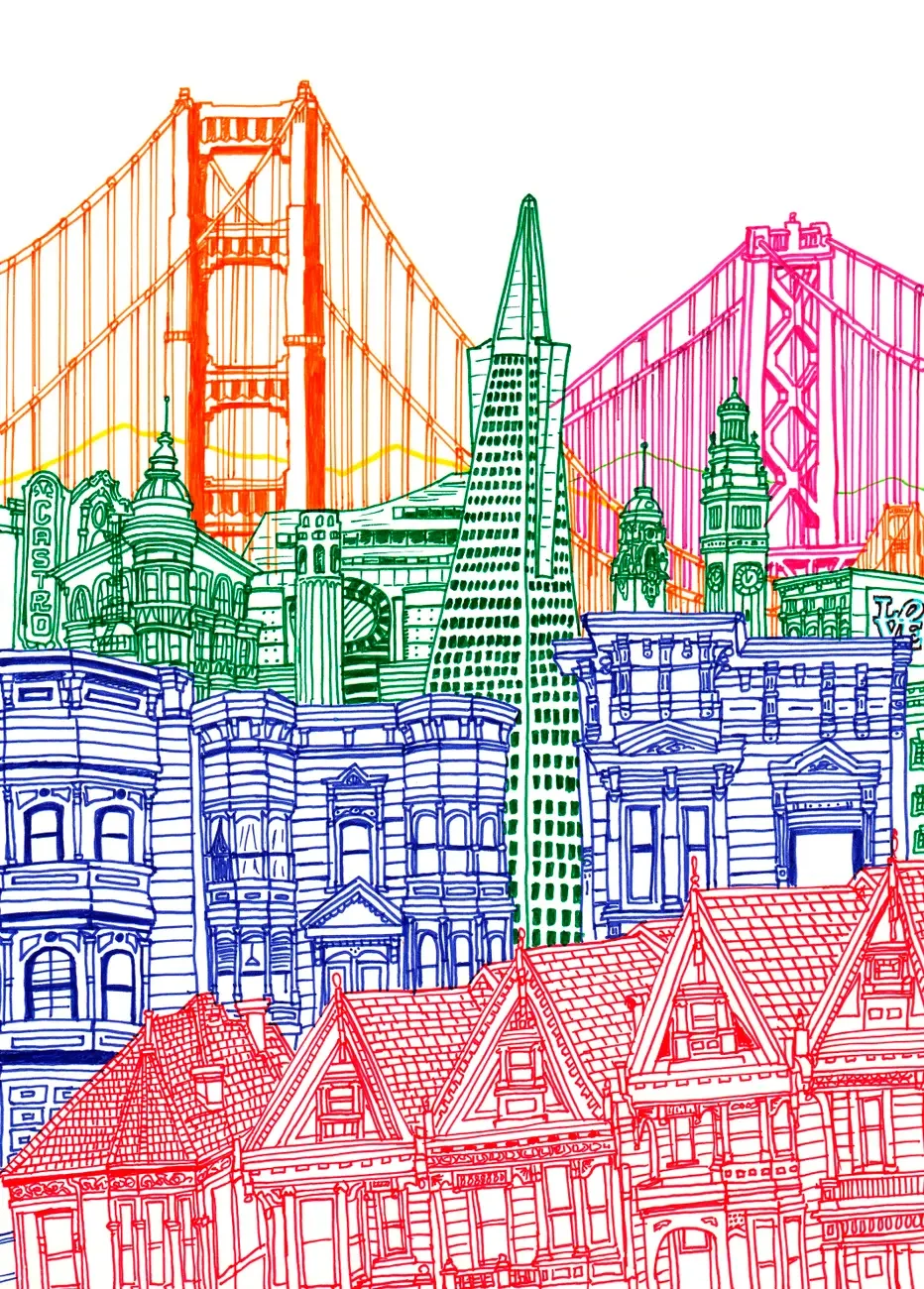 San Francisco Towers — Panoramic cityscape illustration capturing the Golden Gate Bridge, Transamerica Pyramid, and hillside Victorian homes.