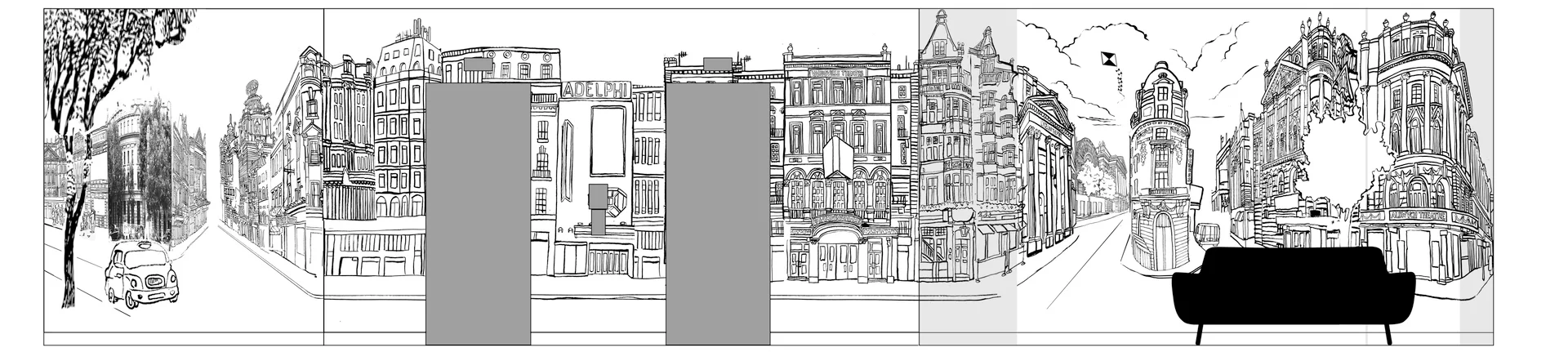 Architectural wall-elevation drawing created during the planning and layout phase for the reception installation.