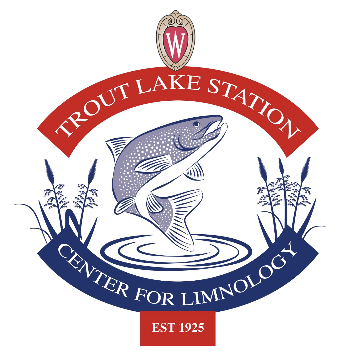 Logo of Trout Lake Station, which includes a fish jumping out of water, surrounded by plants, with text "Center for Limnology," "Established 1925," and "Trout Lake Station."
