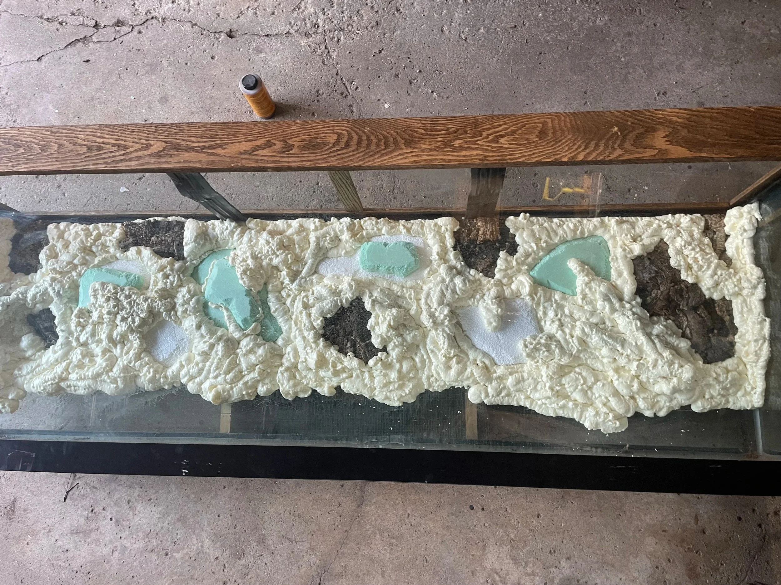 An in progress image of the box turtle terrarium.  Expanding spray foam is sprayed on the back of the terrarium.