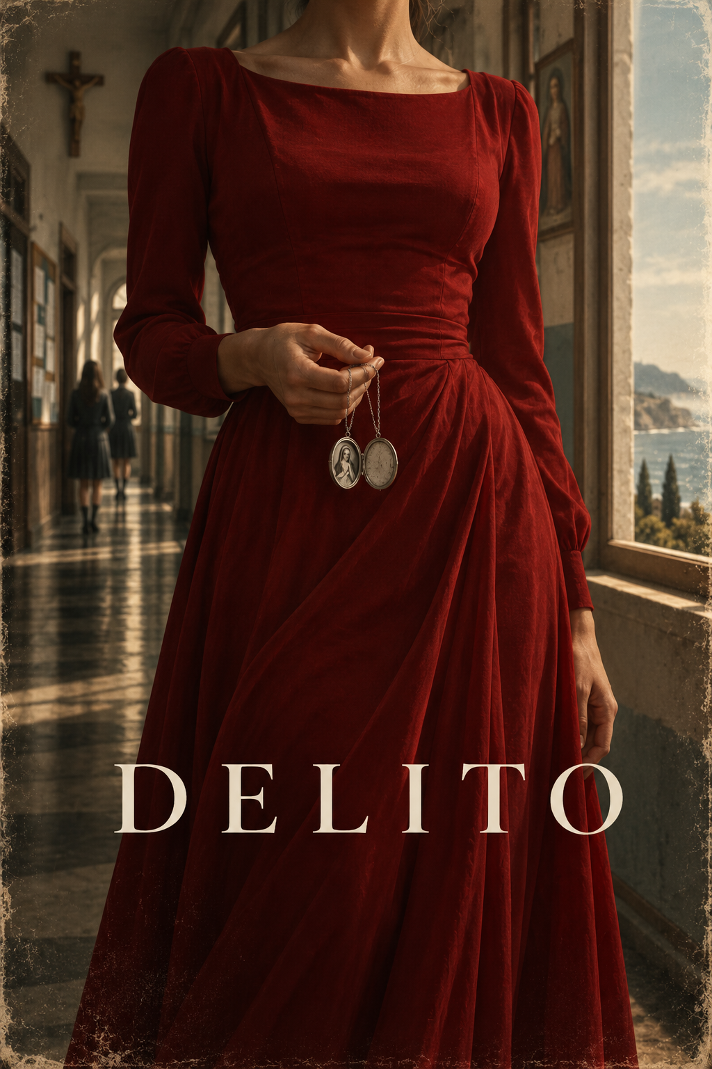 A woman dressed in a red vintage gown standing in a historic building with religious artwork and a crucifix, holding a pocket-sized religious medal. The word DELITO appears at the bottom.