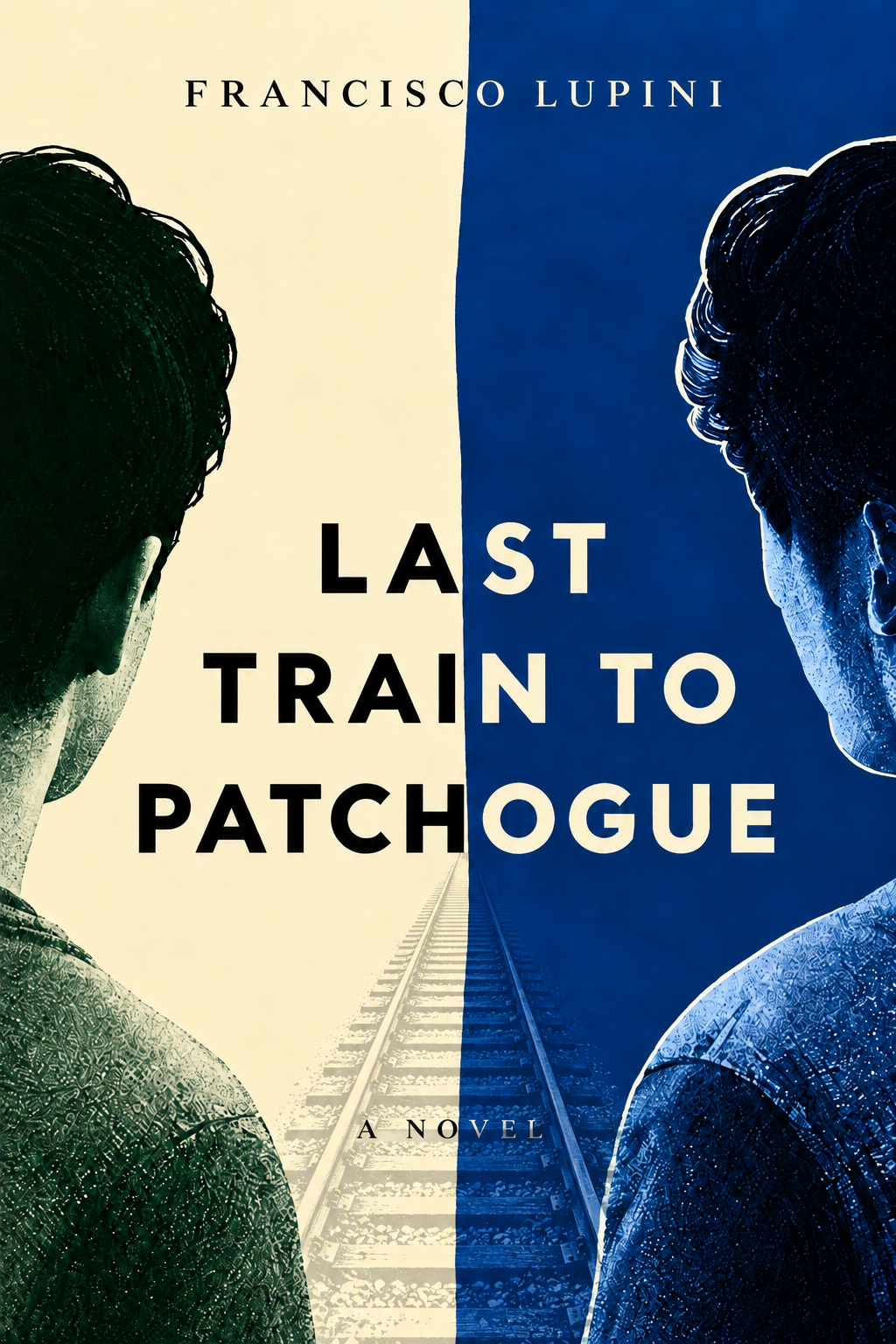 Book cover for 'Last Train to Patchogue' by Francisco Lupini, featuring a split background with a train track and two illustrated people facing away from each other.