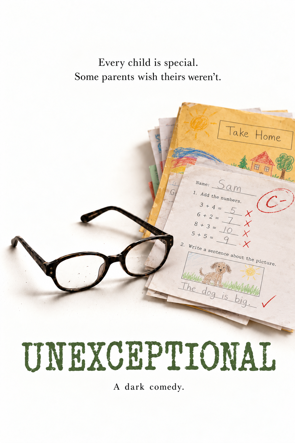 A collection of children's schoolwork with a drawing of a dog, a pair of glasses, and the words "Unexceptional" and "A dark comedy." in green font.