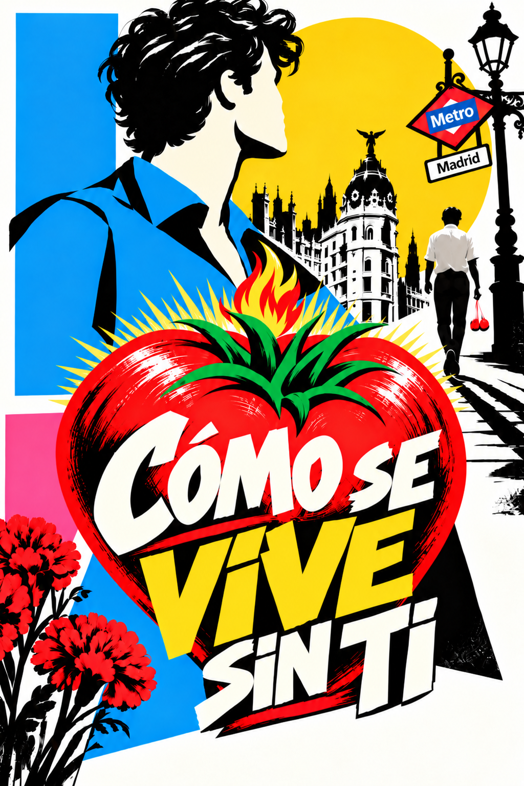 Colorful graphic illustration featuring a large tomato with the words 'Come Se Vive Sint' inside it. In the background, there's a silhouette of a woman walking with cherries in hand, iconic architecture, and a metro sign indicating Madrid.