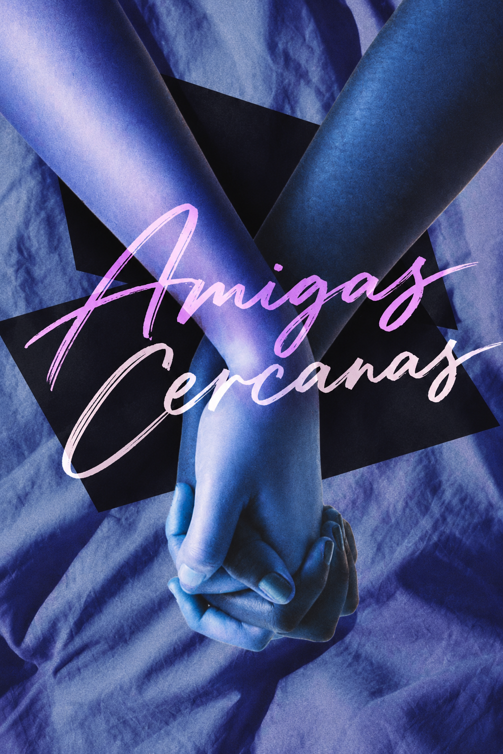 A close-up of two hands intertwined with fingers pointing downward, overlaid with the words 'Amigas Ceremonas' in pink and purple cursive text, set against a background of dark, textured fabric with abstract shapes.