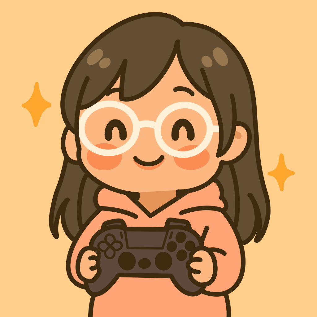 Cartoon girl with glasses holding a gaming controller, smiling with sparkles around her.