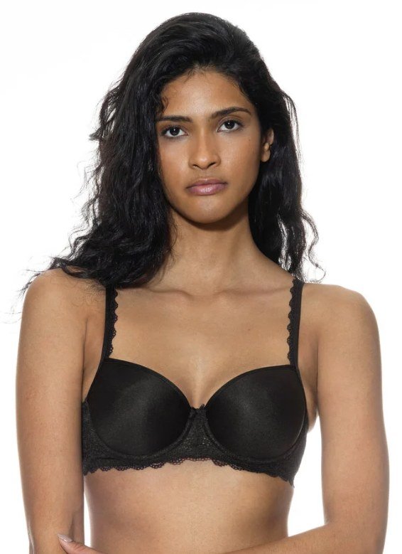 Black molded underwire bra with lace band and lace-edged straps