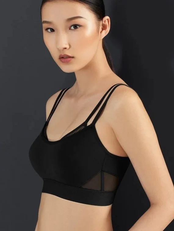 Black longline bralette with double straps and mesh side panels