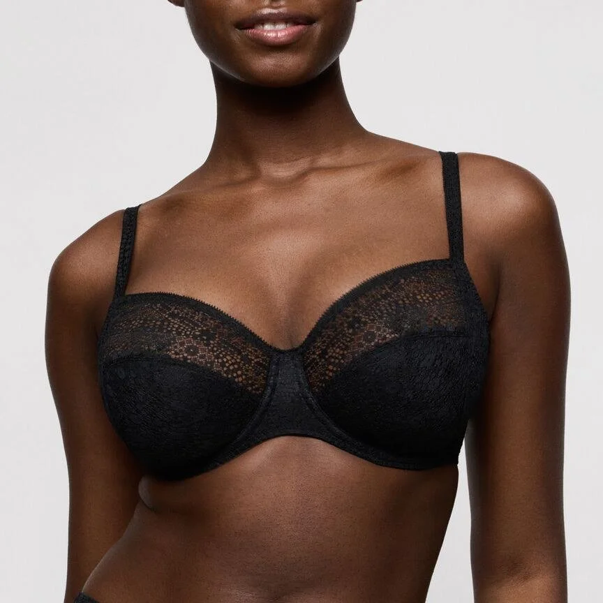 Black floral lace full-cup underwire bra, close-up front view