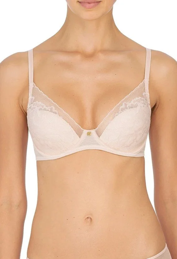 Blush lace plunge underwire bra with sheer mesh neckline