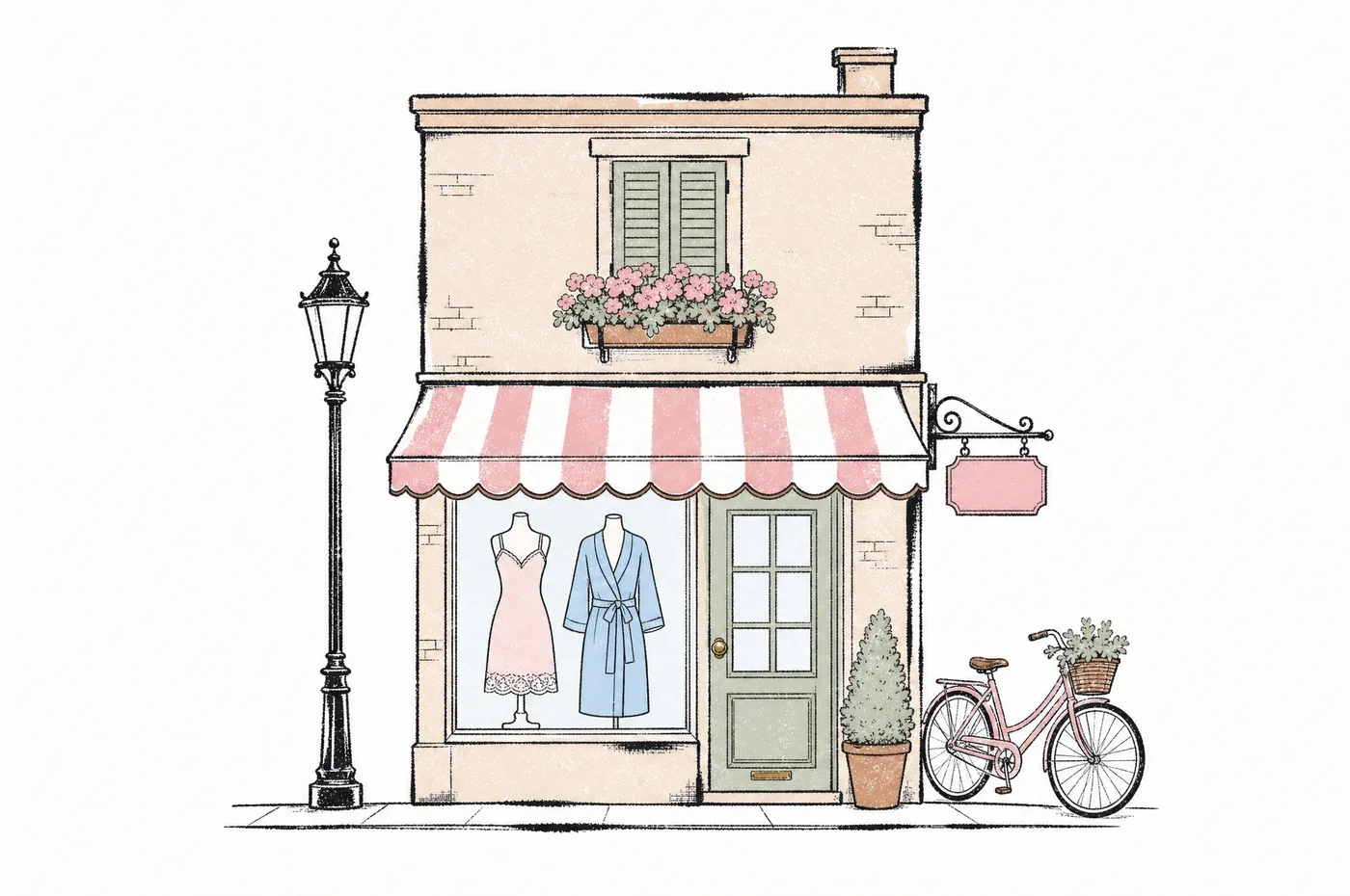 Illustration of an imagined Chantilly Lace boutique in 1995, with a striped awning, a slip and a robe in the window