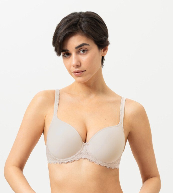 Pale grey molded underwire bra with lace band and lace straps
