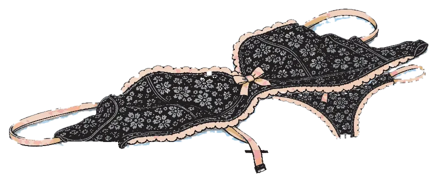 A black lace bra and matching thong with a soft pink ruffle
