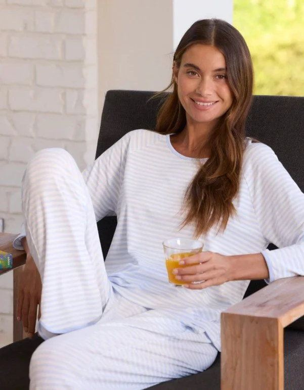 Pale blue and white striped long-sleeve lounge top and matching pants