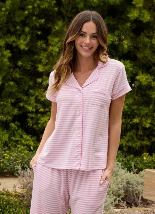 Pink and white striped short-sleeve button-up pajama top with matching pants