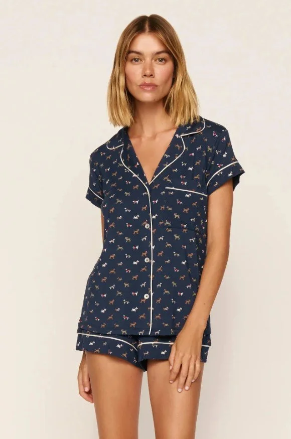 Navy dog-print short-sleeve pajama top and shorts with white piping