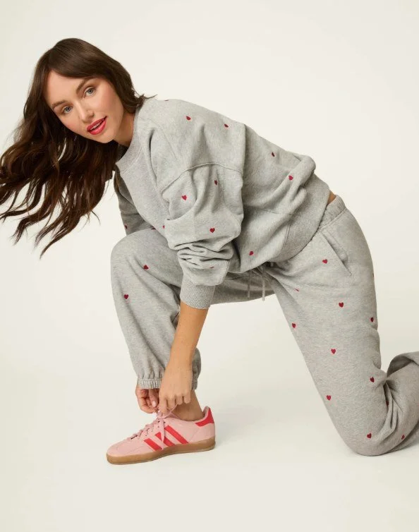 Heather grey sweatshirt and jogger lounge set dotted with small red hearts