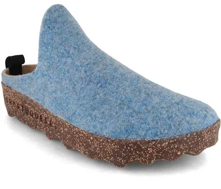 Light blue felt slipper with a cork-colored sole.