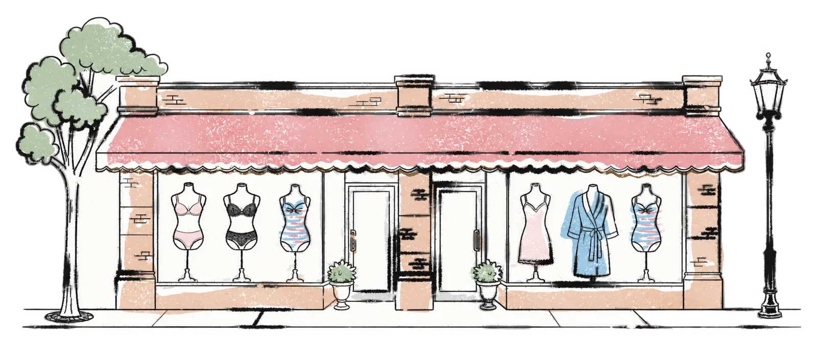 Illustration of the Chantilly Lace storefront on Wilmette Avenue, with a pink scalloped awning and lingerie, swimsuits and a robe in the windows