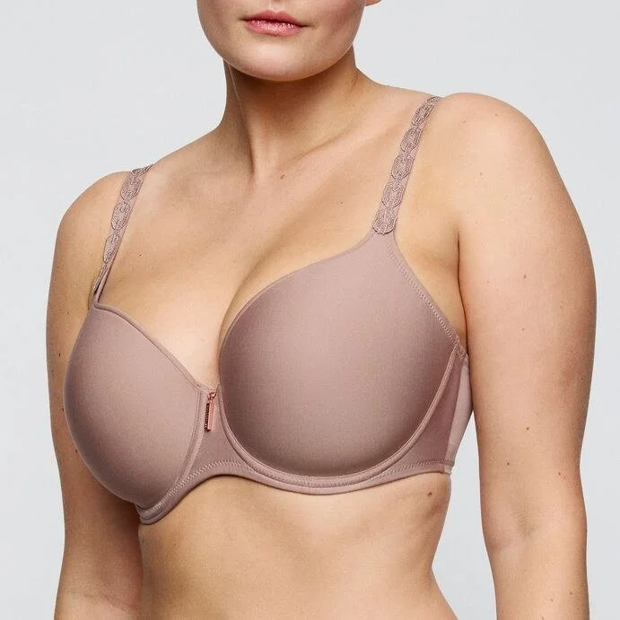 Mocha molded T-shirt bra with lace-detail straps, three-quarter view