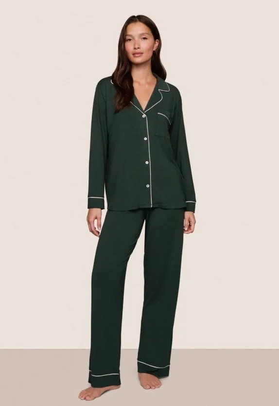 Forest green long-sleeve pajama set with white piping and straight-leg pants