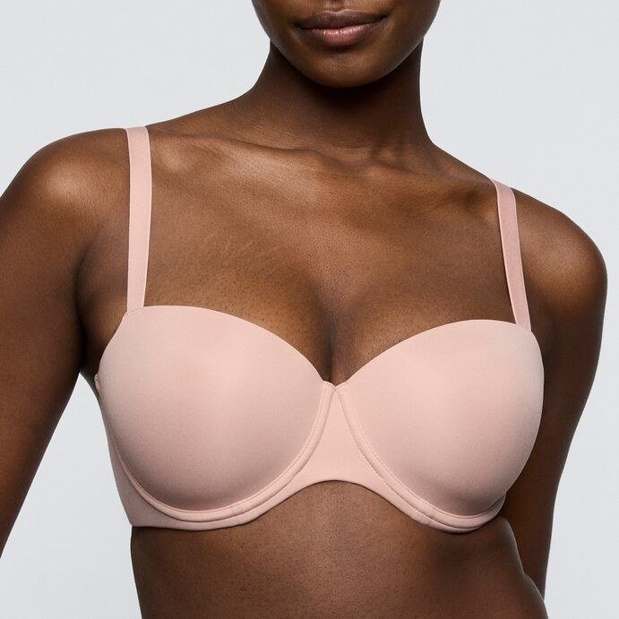 Blush molded balconette bra with smooth cups, close-up front view