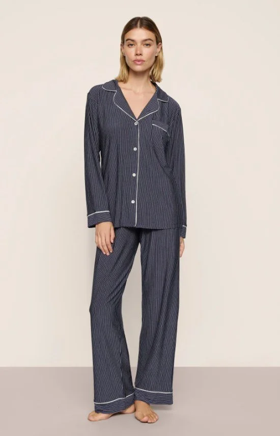 Navy pinstripe long-sleeve pajama set with white piping