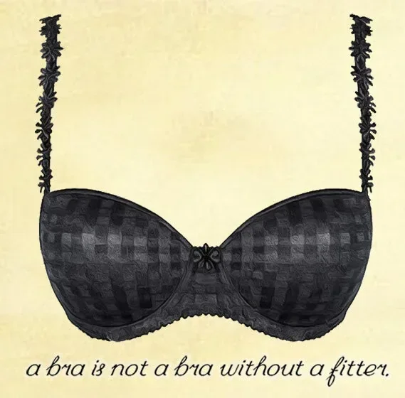A painted black balconette bra with the handwritten words: a bra is not a bra without a fitter