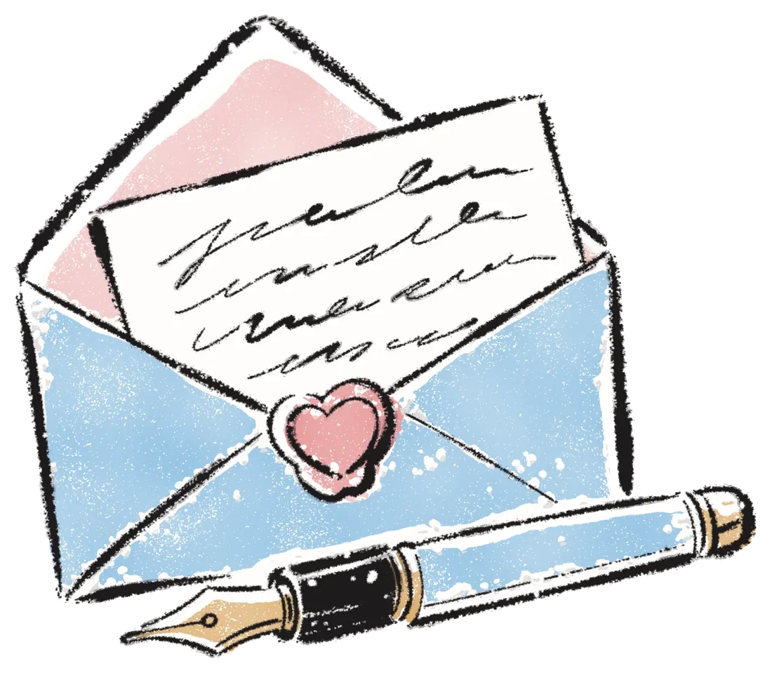 A vintage envelope with a pink heart wax seal and a letter sliding out