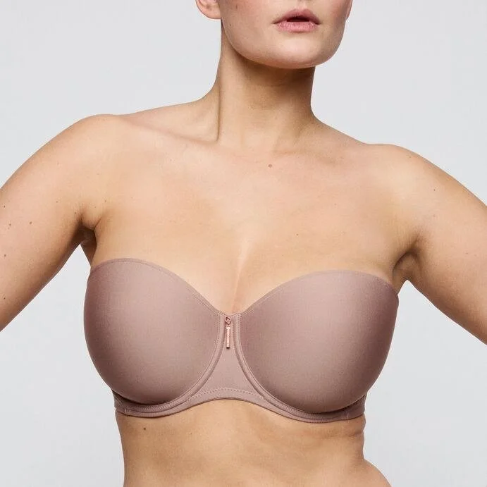 Mocha strapless molded bra with smooth cups, front view