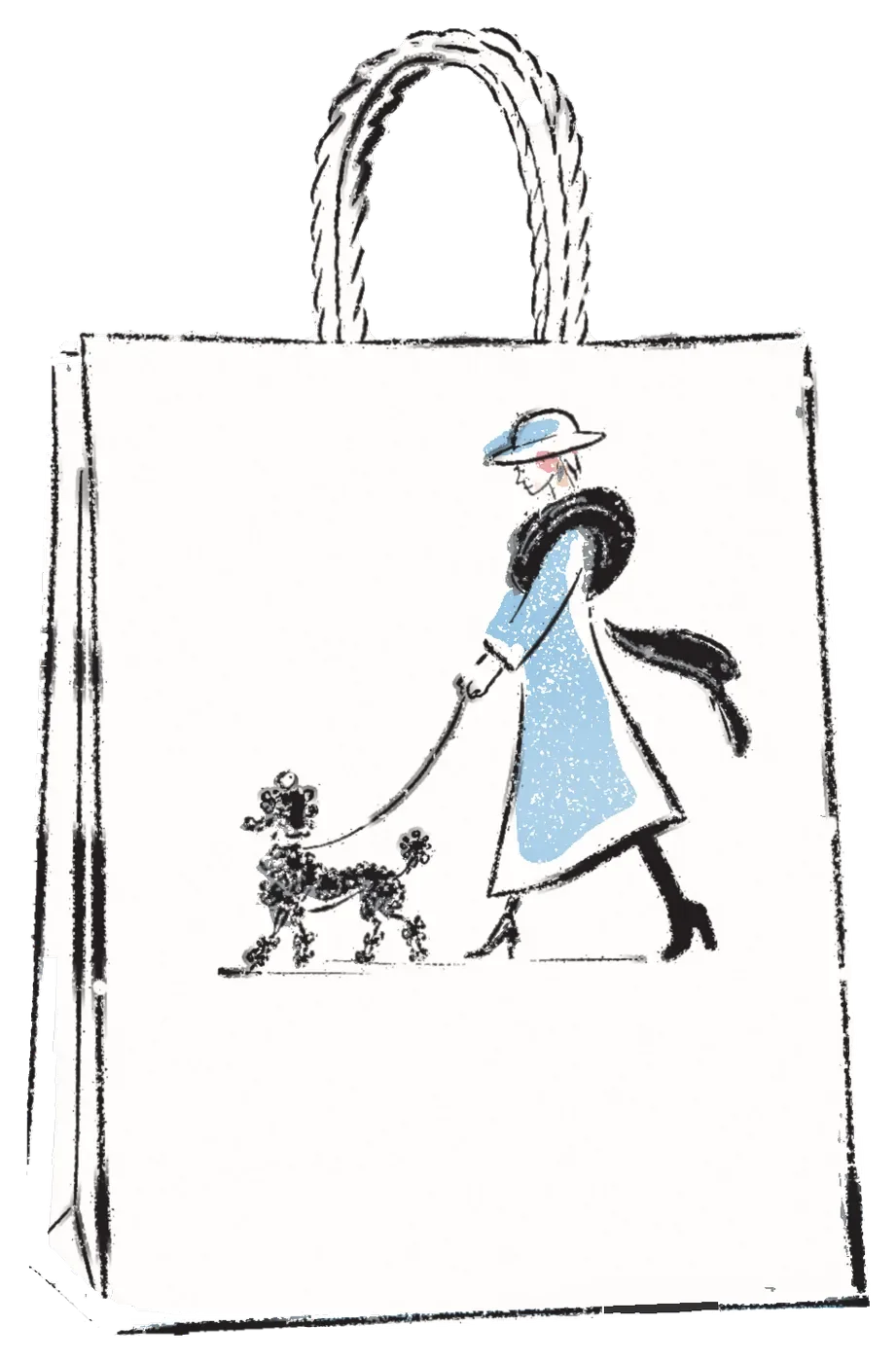 The Chantilly Lace shopping bag illustrated with a woman walking her poodle