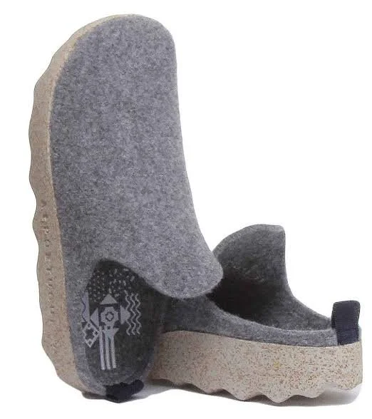 Grey felt slippers showing the upper and textured sole.