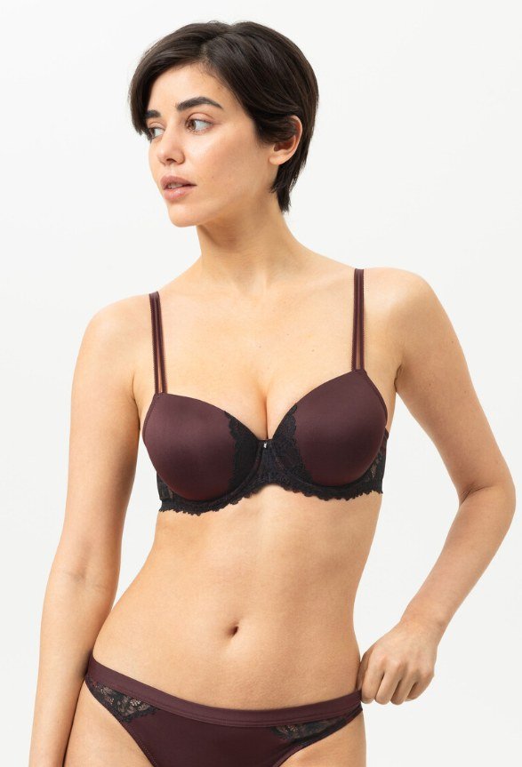 Burgundy balconette bra with black lace trim and matching brief