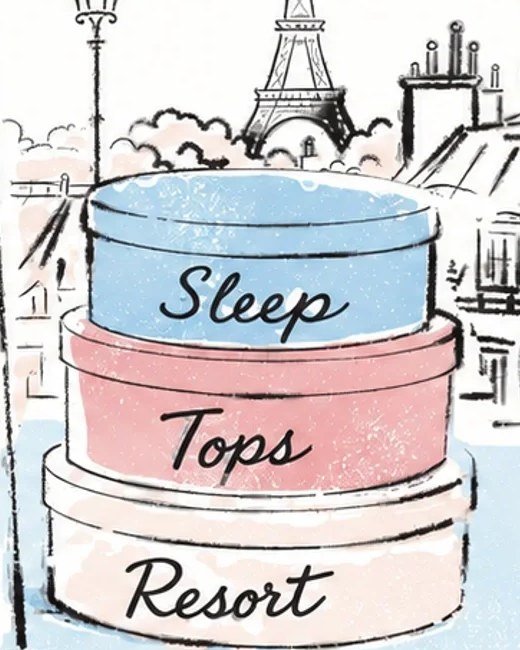 Illustrated Chantilly Lace hatboxes labeled Sleep, Tops and Resort, stacked beneath the Eiffel Tower