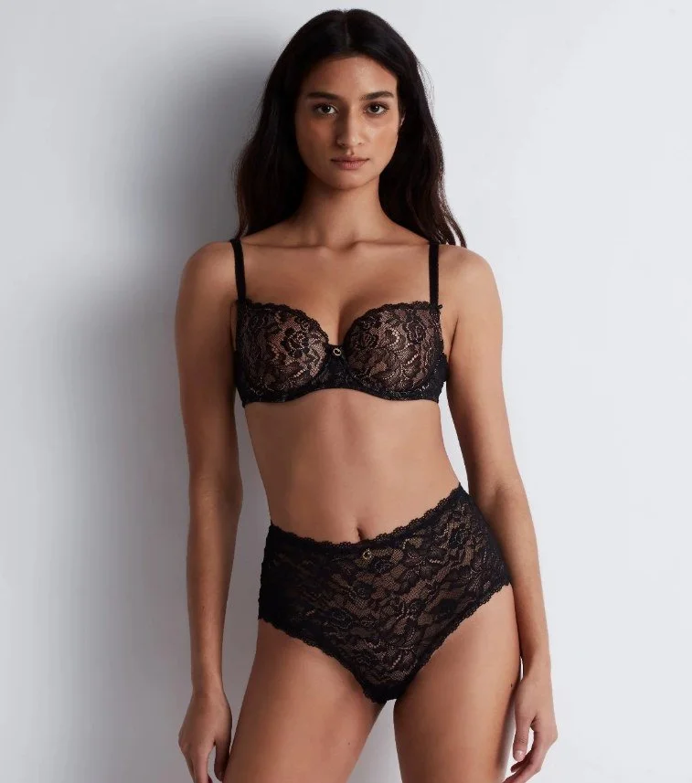 Black floral lace high-waist brief with matching lace underwire bra
