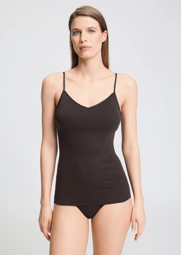 Model in an espresso brown thin-strap V-neck camisole and brief