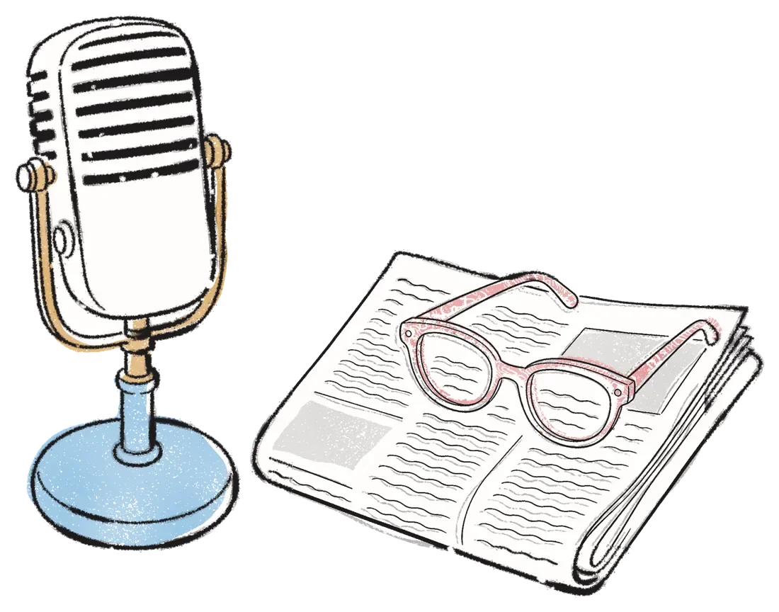 A vintage broadcast microphone beside a folded newspaper