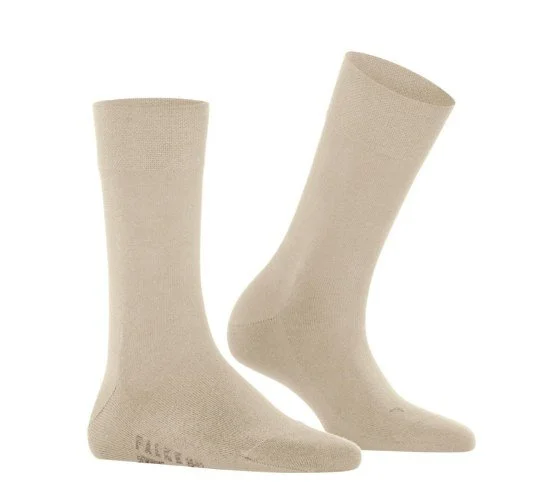 Pair of beige Falke crew socks shown from the side and front