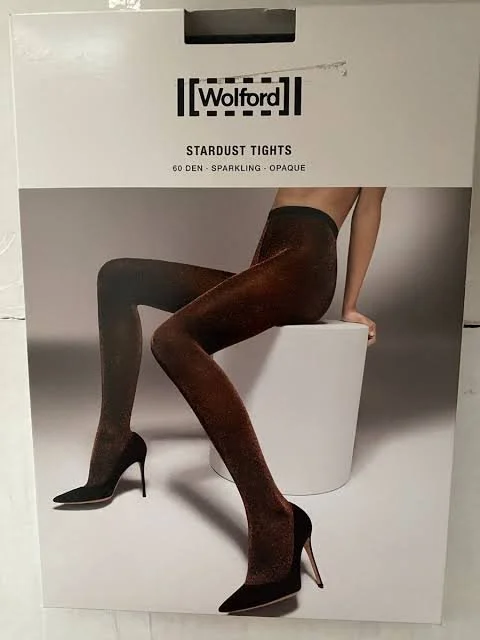 Wolford hosiery packaging featuring sheer black tights.