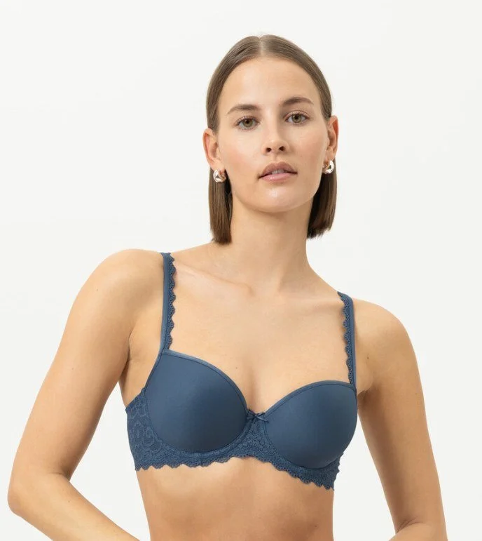 Steel blue molded T-shirt bra with lace sides and scalloped straps
