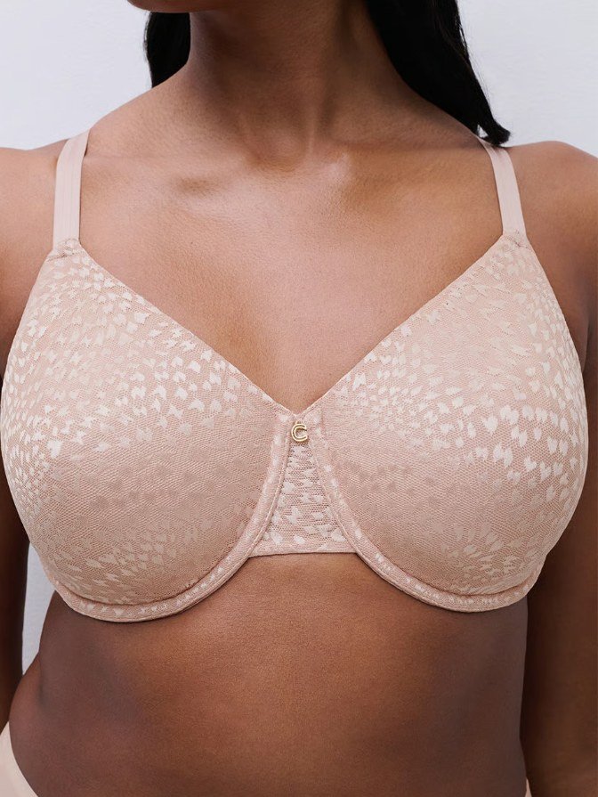 Nude printed tulle full-cup underwire bra, close-up front view