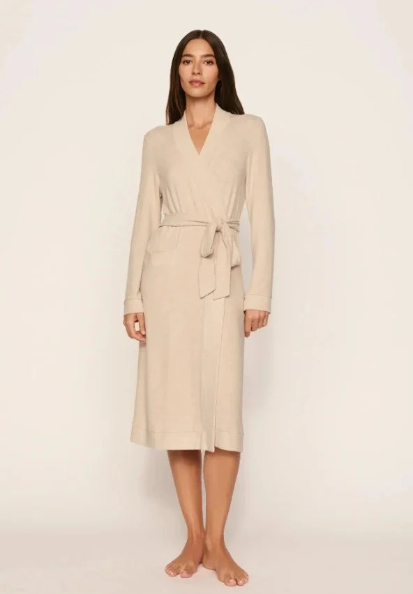Heathered oatmeal knit wrap robe with tie belt, below-the-knee length