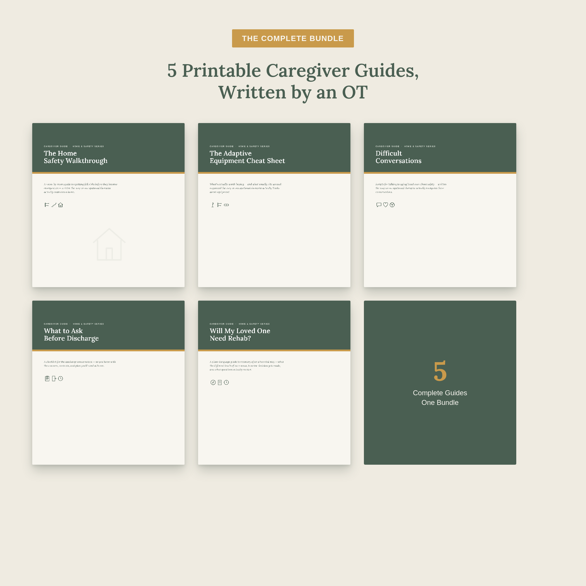 Cover page of a guide titled '5 Printable Caregiver Guides, Written by an OT,' featuring five preview images of guide covers, each with distinct titles and a nature-inspired color scheme.