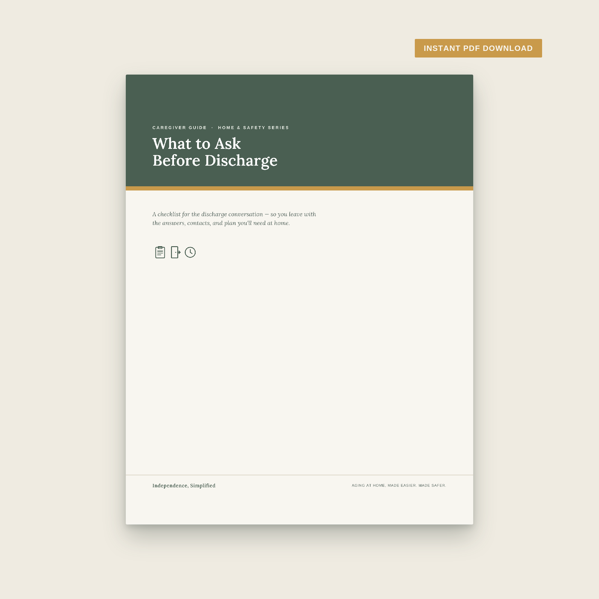 Cover of What to Ask Before Discharge, an OT-written guide to help families prepare questions and plan for a safer transition home.